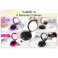 Glamza Round Folding Detangle Hair Brush with Mirror