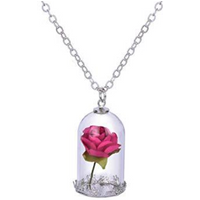Glamza Beauty and Beast Inspired Red Rose in Dome Necklace