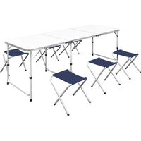Foldable Camping Table Set with 6 Stools Height Adjustable 180x60cm