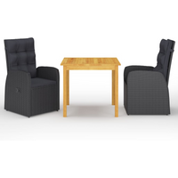 vidaXL 3 Piece Garden Dining Set with Cushions Black Poly Rattan