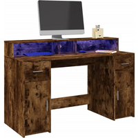 vidaXL Desk with LED Lights Smoked Oak 140x55x91 cm Engineered Wood