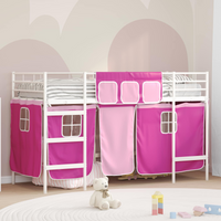 vidaXL Kids'Loft Bed Frame with Curtains White and Pink 74.5 x 190 cm
