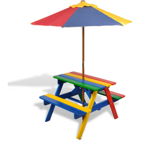 vidaXL Kids' Picnic Table with Benches and Parasol Multicolour Wood