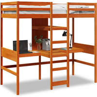vidaXL Loft Bed Frame with Desk and Shelves Wax Brown 90x200cm Solid Wood Pine