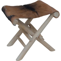 vidaXL Folding Stool Goatskin Leather and Solid Teak Wood