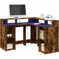 vidaXL Desk with LED Lights Smoked Oak 130x130x91 cm Engineered Wood