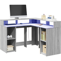 vidaXL Desk with LED Lights Grey Sonoma 130x130x91 cm Engineered Wood