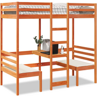 vidaXL Loft Bed Frame with Desk and Chairs Wax Brown 75x190cm Solid Wood Pine