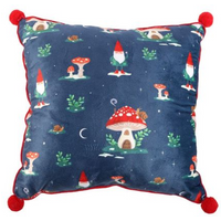 35cm Square Gnome Print Cushion with Pom Poms