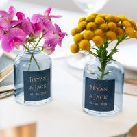 Mini-Glasvase blau mit Aufkleber Querformat - 6 Stück Mini-Glasvase blau mit Aufkleber Querformat - 6 Stück