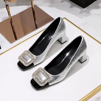 5299-K32 Korean Style Light Luxury Women's Chunky Mid Heel Shallow Mouth Burst Pattern Patchwork Square Toe Metal