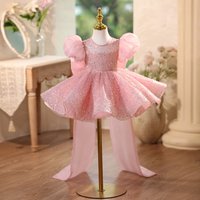 Mother & Sequined Dress Puff Sleeves Flower Wedding Dress Princess Costume First Birthday Piano Performance