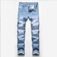 Men's Distressed Black Stretch Jeans Plus Size Light Color Trendy Mid Waist Wide Leg Trousers Machine Washable Cotton