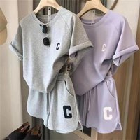 Summer Loose Fit Two Piece Set Casual Sports Print T Shirt Pants Outfit Short Sleeve