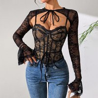Sexy Lace Mesh Two Piece Hot Camisole Vest Design See Through Backless Long Sleeved Shawl