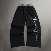 Men's Retro Street Fashion Double Waistband Letter Print Loose Straight Leg Trousers Trendy European American Style
