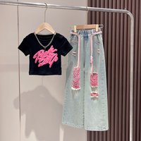 Spring Autumn Three dimensional Spray painted Graffiti Short Sleeve Jeans Ripped Pants Set Wide leg Pants