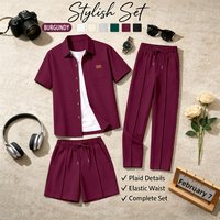 Waffle Knit Three Piece Set Casual Short Sleeve Shirt Shorts Trousers Combo Elegant Basic Polyester Spring Summer Autumn Wear