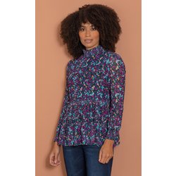 Floral Mesh Print Tiered Top - Black/Pink - Xl