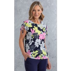 Anna Rose Tie Sleeve Textured Floral Print Top - Navy/Lime/Pink - S