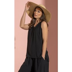 V Neck Sleeveless Crinkle Top - Black - S