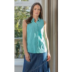 Sleeveless Embroidered Cotton Blouse - Aqua - 22