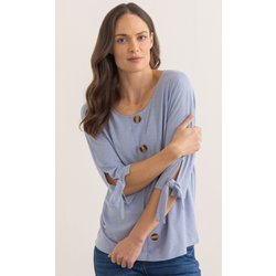 Tie Cuff Stretch Top - Blue - L