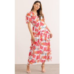 Floral Print Short Sleeve Maxi Dress - Ivory/Multi - 20