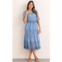 Cotton Blend Boho Midi Dress - Blue - 16