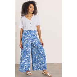 Leaf Print Wide Leg Trousers - Blue/White - 14