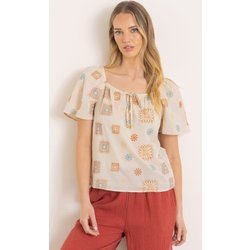 Embroidered Short Sleeve Cotton Top - Brown/Aqua - 22