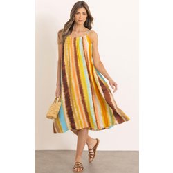 Strappy Striped Midi Dress - Orange/Mustard/Aqua - 16
