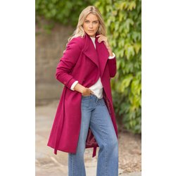 Belted Longline Faux Wool Coat - Berry - 20