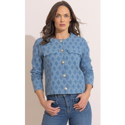Textured Cotton Collarless Jacket - Denim Blue - 14