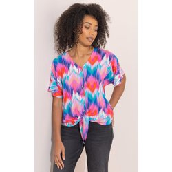 Brush Stroke Printed Tie Front Top - Blue/Pink/Multi - S