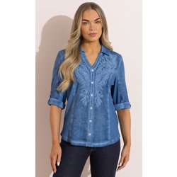 Embroidered Washed Cotton Fitted Shirt - Blue - 16