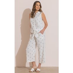 Embroidered Textured Cotton Wide Leg Cropped Trousers - White/Navy - 18