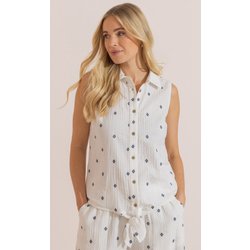 Embroidered Textured Sleeveless Cotton Top - White/Navy - 12