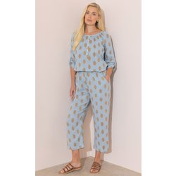 Geometric Embroidered Wide Leg Cropped Cotton Trousers - Blue - 16
