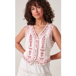 Embroidered Stripe Cotton Waistcoat - Ivory/Pink - 10