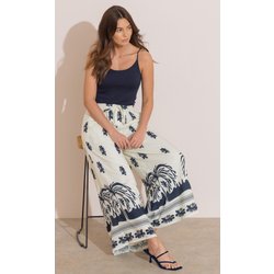 Printed Pull On Wide Leg Trousers - White/Blue - 12