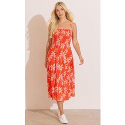 Palm Tree Print Smocked Midi Dress - Red Multi - 12