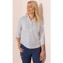 Anna Rose Polka Dot Printed Eyelet Jersey Blouse - White/Navy - M