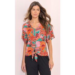 Printed Tie Front Top - Orange/Green - S