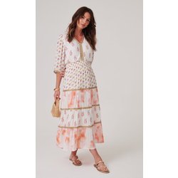 Floral Printed Folk Style Maxi Dress - White/Lt Gold - 20