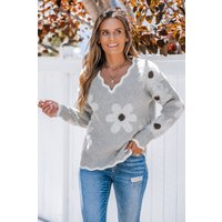 Grey Knit Daisy Scalloped Jumper