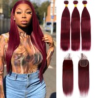 Pre-Colored Hair Weave Straight Wine Red Human Hair Bundles With Lace Closure