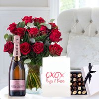 12 Large Headed Red Roses, Moet Rose, Chocolates & Romance Card