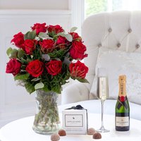 12 Opulent Red Roses, Mini Moet & 6 Mixed Truffles