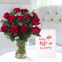 12 Large Headed Red Roses, Vase & 40th Anniversary Card image